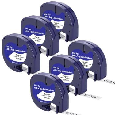 Imagem de MeaBefit 6 fitas de plástico compatíveis com Dymo LetraTag 91330 LT91330 S0721660 91201 91221 preto sobre branco 12 mm x 4 m (1/5.1 cm x 13') substituição para Letratag Plus LT100H LT100T QX50