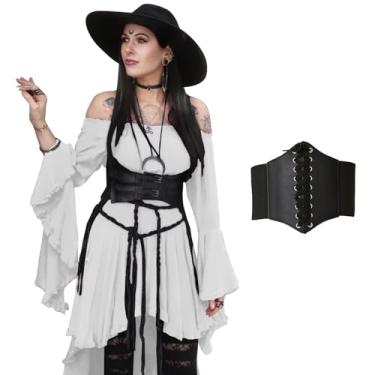 Imagem de BITSEACOCO Vestido feminino de ombro de fora gótico bruxa alto e baixo vitoriano medieval vestido de fada cosplay fantasias de Halloween, Branco, Large