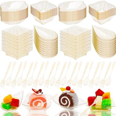 Imagem de Conjunto de 280 minipratos de aperitivo com colheres, garfos, tigelas quadradas de plástico, recipientes de prato para sobremesa, doces, salada, aperitivo, festa, buffet, purpurina, dourado, 4 estilos
