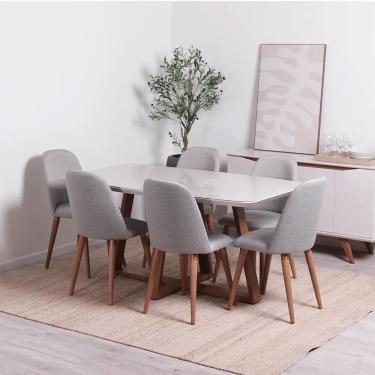 Imagem de Conjunto de Jantar Mesa Retangular com Vidro Bennett 6 Cadeiras New Drop - Natural c/ Cinza