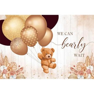 Imagem de dnldliq Pano de fundo We Can Bearly Wait de 2,4 x 1,8 m, decorações de chá de bebê de urso, balões de desenho animado, festa de chá de bebê, fundos de fotografia de urso, adereços de decoração de