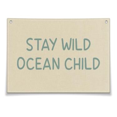 Imagem de Tapeçaria infantil Stay Wild Ocean, tapeçaria de parede de linho de arte vintage, bandeira com tema de praia para berçário, sala de jogos, decoração de quarto, decoração de surf, decoração de quarto
