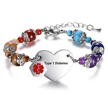 Imagem de MAXZOOL Pulseiras de alerta médico para mulheres e homens | Pulseiras de identificação médica para homens | Pulseira médica T1D T2D para diabetes e epilepsia com contas coloridas | Etiqueta de