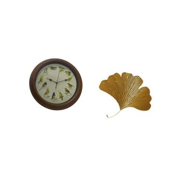 Imagem de Bothyi Decoração de Parede com Folhas de Ginkgo em Ferro Forjado, Relógio de Parede com Pássaro Cantando, Escultura de Parede Abstrata Elegante para Sala de