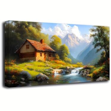 Imagem de Arte de parede de casa de campo quarto paisagem decoração de parede sala de estar, pintura a óleo floresta verde tela arte de parede escritório casa de fazenda arte moderna cenário de água corrente