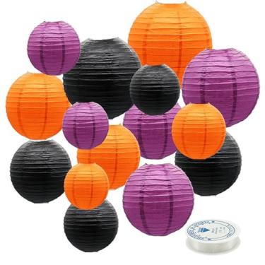 Imagem de 15 peças de lanternas de papel decorativas, cores temáticas de Halloween, lanterna de papel chinesa pendurada, tamanhos variados de 10 cm, 15 cm, 20 cm, 25 cm, 30 cm, para decoração de casa, férias