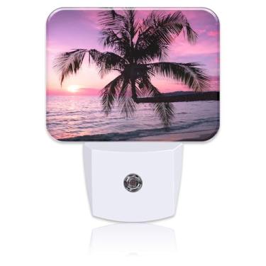 Imagem de Linda luz noturna roxa rosa pôr do sol palmeira tropical tomada na parede com sensor do crepúsculo ao amanhecer para crianças, meninas, meninos, mulheres, homens, quarto, corredor, cozinha, banheiro