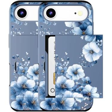 Imagem de MUQR Capa para celular 17 Air compatível com porta-cartão fofo - Capa tipo carteira robusta com design Kawaii, proteção contra quedas de grau militar (flores retrô elegantes azuis)