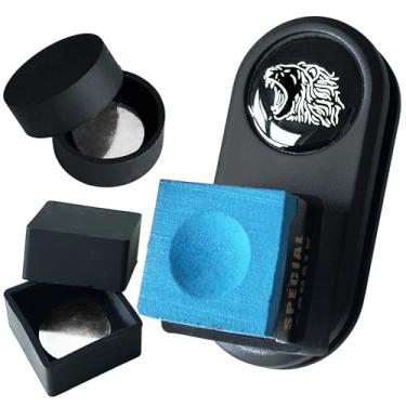 Imagem de Suporte magnético de giz de bilhar com clipe de cinto com 2 suportes de giz redondos e quadrados, suporte magnético para giz para taco de sinuca Pro - 3 x mais forte, à prova de poeira e à prova