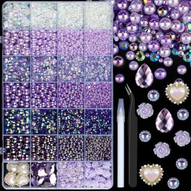 Imagem de 11200 peças de pérolas planas e strass de resina para artesanato, meias pérolas roxas de 3 a 8 mm e strass de geleia de 3 a 6 mm com ferramentas de captação, pedras de gota para artesanato faça você