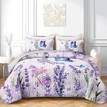 Imagem de AILONEN Conjunto de colcha de borboleta floral para meninas, tamanho king, linda colcha acolchoada roxa para crianças e mulheres, roupa de cama leve e macia 3 peças, 1 colcha, 2 fronhas