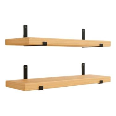 Imagem de Kit com 2 prateleiras de madeira industrial com suporte invertido mão francesa(60 Centímetros,Natural)