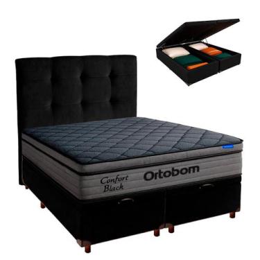 Imagem de Cama Box Bau Preto + Cabeceira + Colchão Queen Confort Black Ortobom