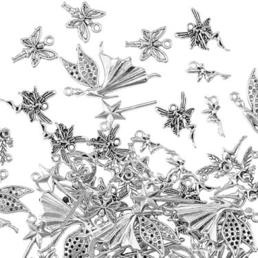 Imagem de SUNNYCLUE 7 estilos, 63 peças, berloques de fada, de metal, fantasia, liga de prata antiga, fofo, fantasia, flores de bruxa, asas de anjo, pingente natural para fazer joias, artesanato, colar