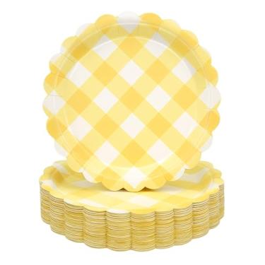 Imagem de sunepany Pratos de papel amarelos com 50 unidades, pratos de sobremesa recortados, descartáveis, para bolo, jantar, piquenique, Natal, Ação de Graças, casamento, aniversário, artigos de festa de