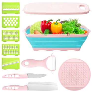 Imagem de FALESOUL Tábua de corte de acampamento, cesta de lavagem de vegetais de cozinha, conjunto de tábua de cortar multi 11 em 1, presentes de acampamento, acessórios de acampamento para trailer, piquenique