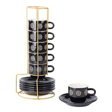 Imagem de Original Heart Conjunto de 6 xícaras de café expresso com pires e suporte de metal, conjunto de xícaras e pires, canecas de café empilháveis, conjunto de 6 xícaras de café de 120 ml, preto