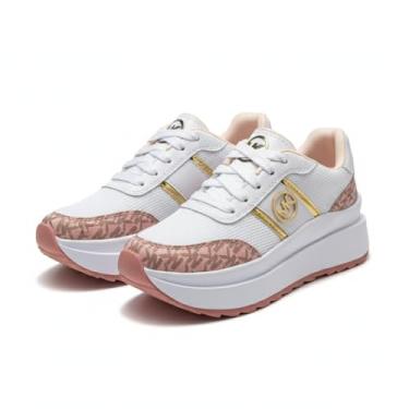 Imagem de Tênis Feminino Plataforma Casual Branco e Rosa com Detalhes Dourados - Elegante e Confortável | Tamanho 37