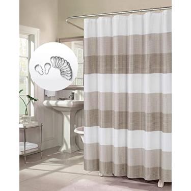 Imagem de Dainty Home Cortina de chuveiro de tecido ombré listrado 3D Waffle trançado texturizado listrado ombré com 12 ganchos de bola incluídos 177,78 x 182,88 cm Taupe
