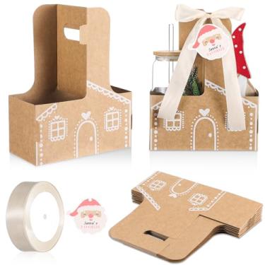 Imagem de Faccito Conjunto de 24 porta-copos de presente de Natal para professores e estudantes com alça para 2 xícaras de pão de gengibre para casa de pão de gengibre Kraft com cartão de felicitações e fita
