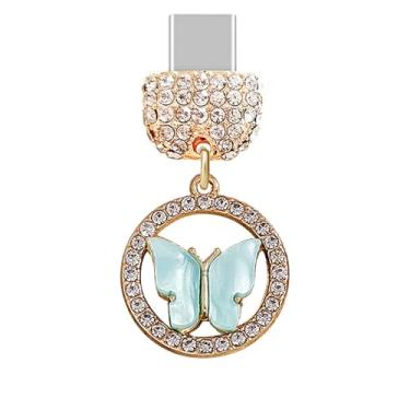 Imagem de ELISE & FONDA TP883Tipo-C porta de carregamento cristal antipoeira pingente de celular pequena borboleta para iPhone 15/16/Samsung/OnePlus/Xiaomi/oppo telefones Android (azul)