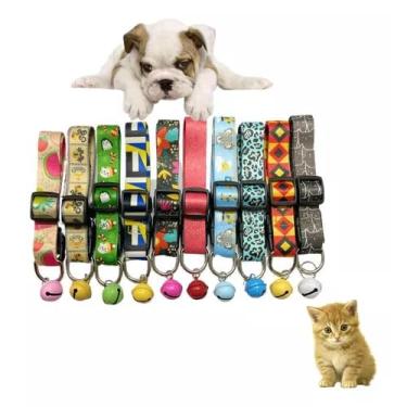 Imagem de Coleiras Ajustáveis para Pets com Sino, Kit com 5 Unidades, Estampas Divertidas, Ideal para Cães e Gatos