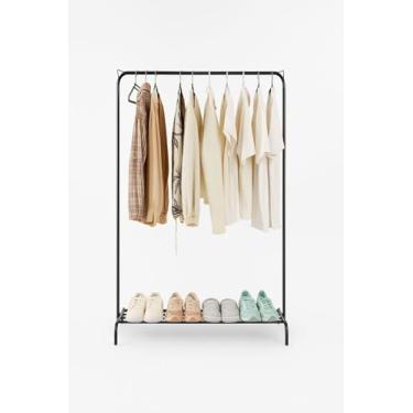 Imagem de Arara Cabideiro de Chão de Metal com Sapateira - Compacto, Desmontável, Resistente, Multiuso - Organizador de Roupas para Quarto, Loja, Lavanderia e Closet - Preto