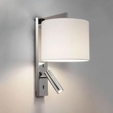 Imagem de Luminária de parede nórdica ajustável de LED para cabeceira, luminária de parede cilíndrica para decoração interna com abajur de tecido e interruptor liga/desliga E27 com fio de metal