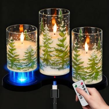Imagem de Wondise Velas recarregáveis de vidro de Natal sem chama com temporizador remoto, velas de pavio 3D de cera real de LED operadas por bateria com base de carregamento, conjunto de 3 presentes de