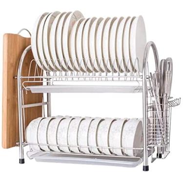 Imagem de CLLBANT Escorredor de louça, escorredor de pratos de aço inoxidável 304, escorredor de pratos duplo, rack de armazenamento de cozinha, suporte de faca, tábua de corte de tubo de pauzinho, suprimentos