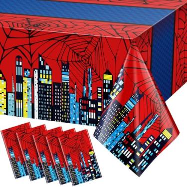 Imagem de Oudain 5 toalhas de mesa descartáveis de plástico vermelho e azul 274 x 137 cm, tema de teia da cidade, decorações de festa de aniversário, toalhas de mesa grandes para festas, ambientes internos e