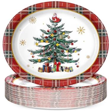 Imagem de Homlouue 50 peças de pratos ovais de Natal, pratos de árvore de Natal de 30,5 x 25,4 cm, descartáveis, grade vermelha e verde, prato de festa resistente para decoração de reuniões, jantares de Natal e