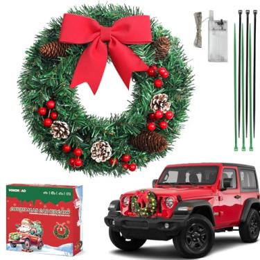 Imagem de Guirlanda de carro de Natal iluminada, guirlanda de carro artificial de LED de 33 cm com laço vermelho, pinha e frutas vermelhas para churrasqueira dianteira, decoração de guirlanda de Natal movida a