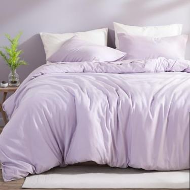 Imagem de Cozaline Conjunto de edredom queen 100% algodão – roxo lavanda, textura semelhante a linho, super macio e respirável, conjunto de cama leve, 3 peças de percal durável para todas as estações
