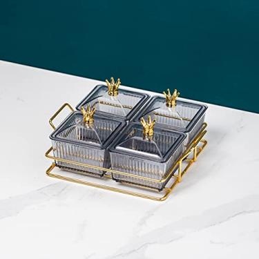 Imagem de Pratos de servir divididos de plástico com bandeja de metal, bandeja de saborear tigelas removíveis para aperitivo, molho, nozes, frutas, doces, lanches, cinza, 4 compartimentos C