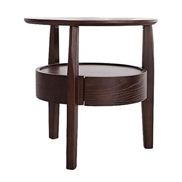 Imagem de Mesa de cabeceira redonda de madeira com 1 gaveta estilo moderno de meados do século para quarto, escritório, mesa de canto alto, 50 cm C x 19,7 L x 19,7 A Mesas de cabeceira modernas (Cor: Preto)