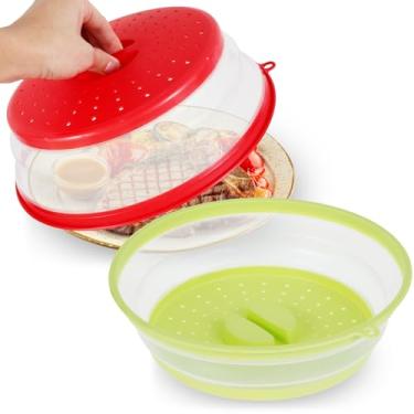 Imagem de Pacote com 2 capas de alimentos para microondas dobrável de silicone para micro-ondas Placa de comida dobrável de 26 cm com saída de vapor adequada para cozinhas (vermelho + verde)