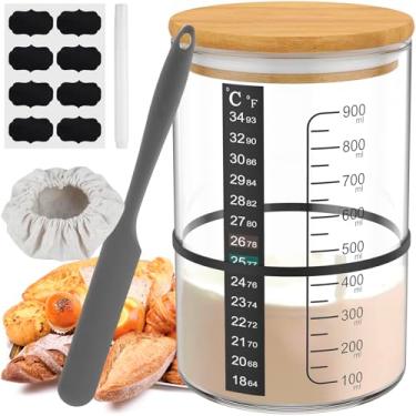 Imagem de Kit de pote para iniciantes Sourdough 900 ml, conjunto inicial de pão de fermento com tira de termômetro, espátula, faixa de borracha, capa de pano e caneta de etiqueta, pote de vidro de boca larga