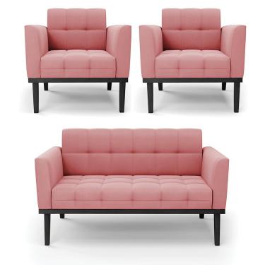 Imagem de Conjunto 2 Poltronas e 1 Namoradeira Decorativa Karen Pés Fixo em Madeira Preto Suede Rose G19 - Gran Belo