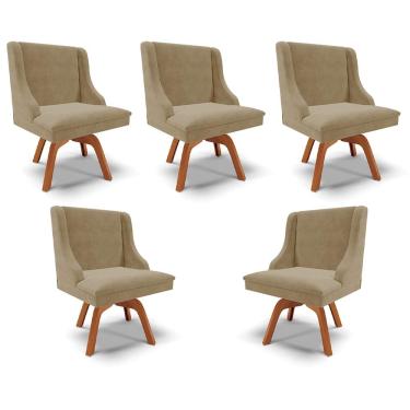 Imagem de Kit 5 Cadeiras Decorativas Sala de Jantar Base Giratória de Madeira Firenze Suede Nude/Natural G19 - Gran Belo