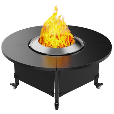 Imagem de Mesa surround para fogueira de fogão, mesa dobrável com rodas para segurança e limpeza fácil, fogão a lenha de aço revestido a pó de 106 cm, acessórios para fogão solo