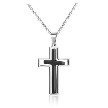 Imagem de BOPREINA Colar com cruz para homens, prata, preto, ouro, aço inoxidável, simples, pingente de cruz giratória, crucifixo inspirador, fé, religioso, para homens e mulheres, Metal, Sem Pedra Preciosa