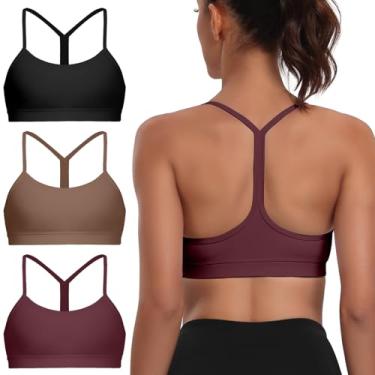 Imagem de Sutiãs esportivos acolchoados com alças finas para mulheres - Tops de ioga nas costas em Y (pacote com 3), Preto, marrom, borgonha, GG