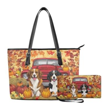Imagem de Coldinair Bolsas de mão para mulheres e senhoras, bolsas grandes com alça superior combinando carteira conjunto de bolsas de ombro de couro, Folhas de bordo para filhotes de outono, Medium