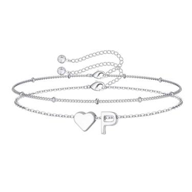 Imagem de M MOOHAM Pulseiras femininas de ouro com inicial de coração – Pulseiras femininas delicadas em camadas com pingente de coração e letra A-Z com elos de corrente, pulseiras com contas, presentes de