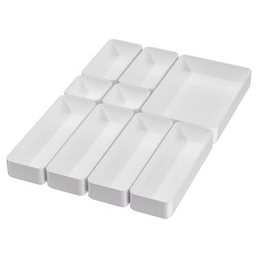 Imagem de Conjunto de 9 bandejas organizadoras de gaveta empilháveis, multifuncionais para penteadeira, banheiro, cozinha, mesa e escritório. Organizadores de gaveta de plástico disponíveis em 5 cores, branco