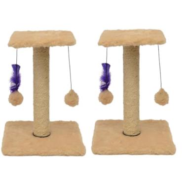 Imagem de Arranhador Para Gatos Pet Poste Sisal Brinquedo Com Bolinha Pena Duas Bases (Kit 2x Bege)
