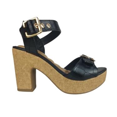 Imagem de Sandália Plataforma Malaga Salto Alto Meia Pata Textura Fivela (Preto, BR, Adulto, Numérico, 37)