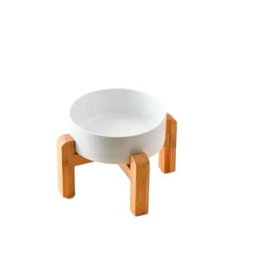 Imagem de Comedouro Elevado Para Gatos Cerâmica Unitário Bambu Cães(Branco,300ml)