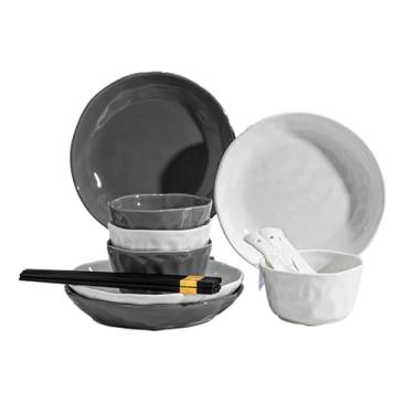 Imagem de Pratos de pano de cerâmica cinza e branco utensílios domésticos requintados sob o esmalte - conjunto de 16 peças/quatro pessoas (redondo)